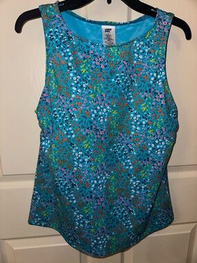 Lands' End Women's Blue Floral Tank Swim Top 14P swimsuit beach summer vacation